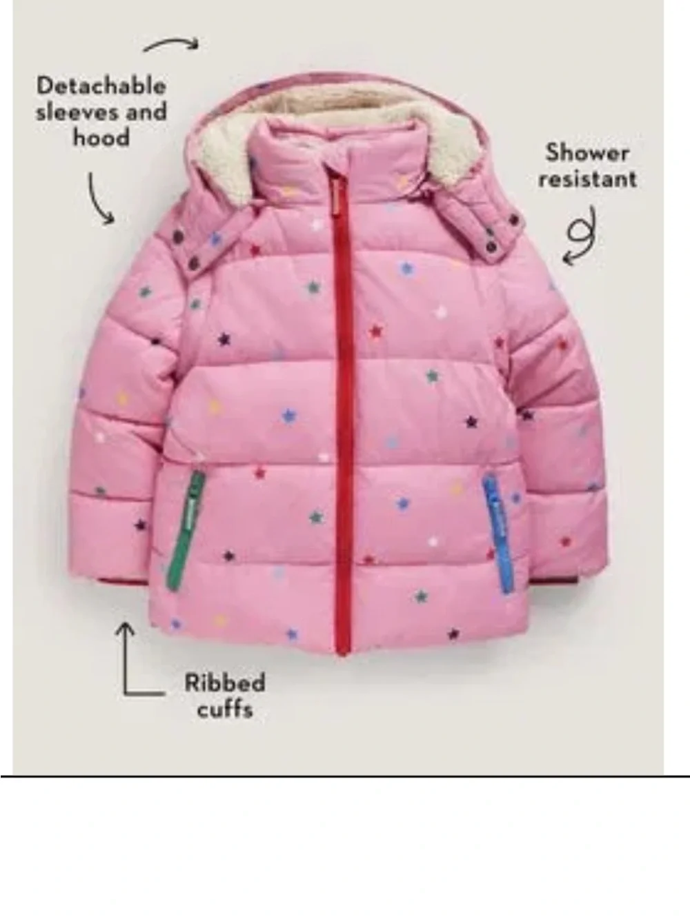 Mini Boden Girls Pink Multicolor Star Print 2-in-1 Puffer Jacket w/ Hood 11-12